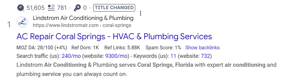 First position for search query "AC repair Coral Springs Florida"